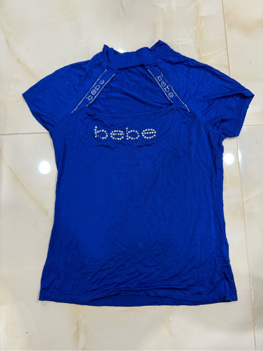 bebe Cobalt Blue Short-Sleeve Rhinestone Logo Tee